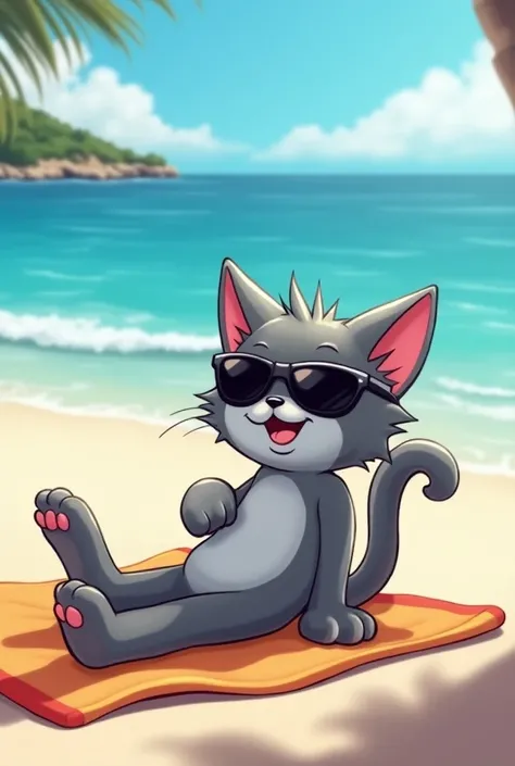 anthropomorphic   gray cat, wearing sunglasses lying on the beach on a towel, cartoon  cat, image in the style of Sonic the headhog animation