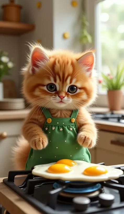 realistic photo, 8k, in the kitchen fluffy brown kitten wearing green house dress with star pattern making fried eggs