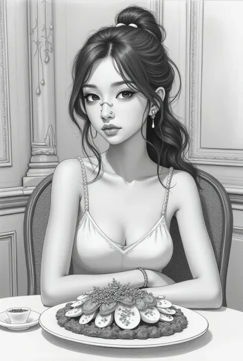 Girl sitting at a buffet in front with a ring on her nose realistic pencil drawing