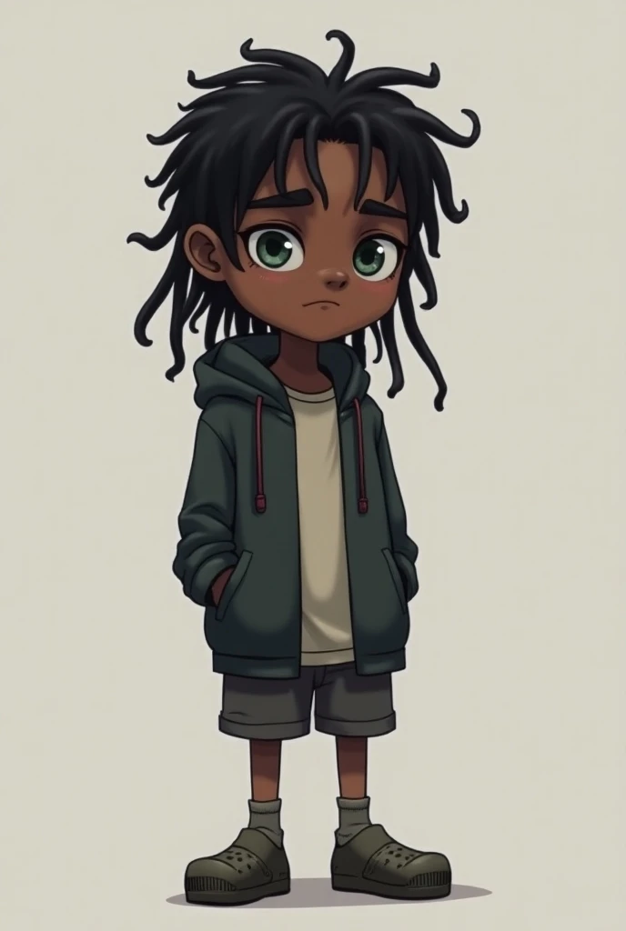 anime boy with dark skin and black dreads with bags under his eyes wearing a hoodie and shorts with crocks and socks