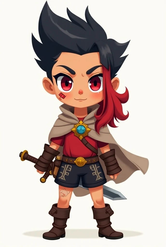  Create an anime-style character with a light cartoon touch and totally 2D , with the following characteristics:

First:  indigenous ethnicity ,  with indigenous-colored skin

Hair :  top of the hair in black color , full,  pointed and slightly standing . ...