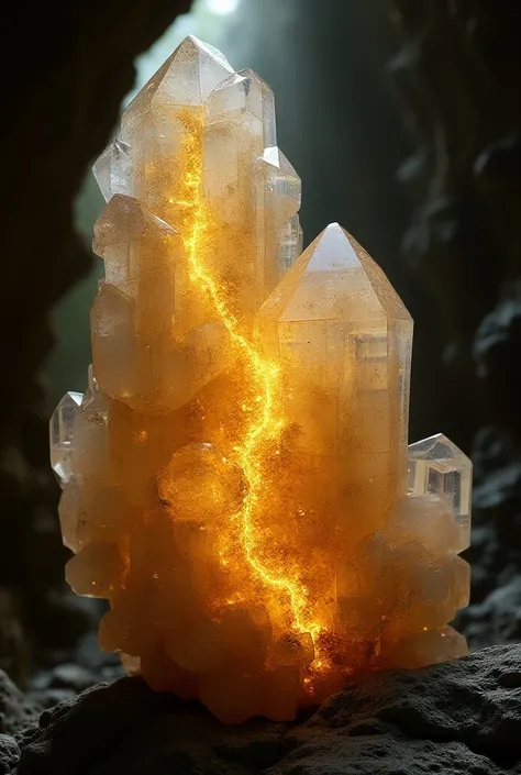 A gold vein in the middle of a quartz inside a mine