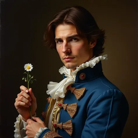 Actor Tom Cruise ,  Rembrandt-style portrait  , half-turn figure  ,  young strong body ,  healthy beauty ,    a 25-year-old young man , beautiful face, An interesting look,   straight shoulder length hair ,  dressed in a blue jacket with bows, ruffles , je...