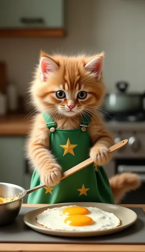 realistic photo, 8k, in the kitchen fluffy brown kitten wearing green house dress with star pattern making fried eggs using its paws with tools,sude,pan,stove,fire