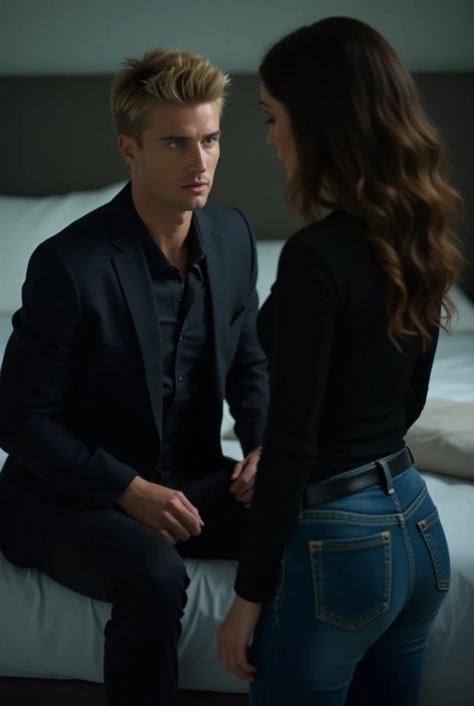 A film cover featuring A strong blond blue-eyed young man in a suit sitting on a bed, And a brunette woman with wavy hair in jeans and a black blouse standing in front of him looking at him