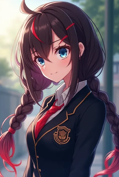 Anime girl with red and black braided hair and blue eyes wearing UA school uniform 