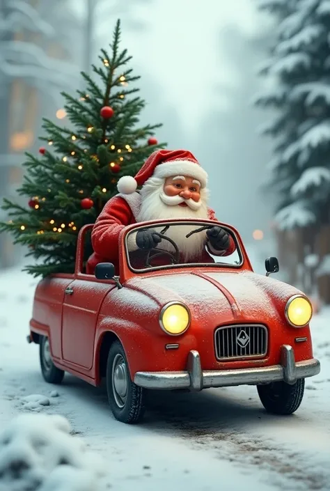 Santaclaus drives a Trabant car with a xmas tree on it