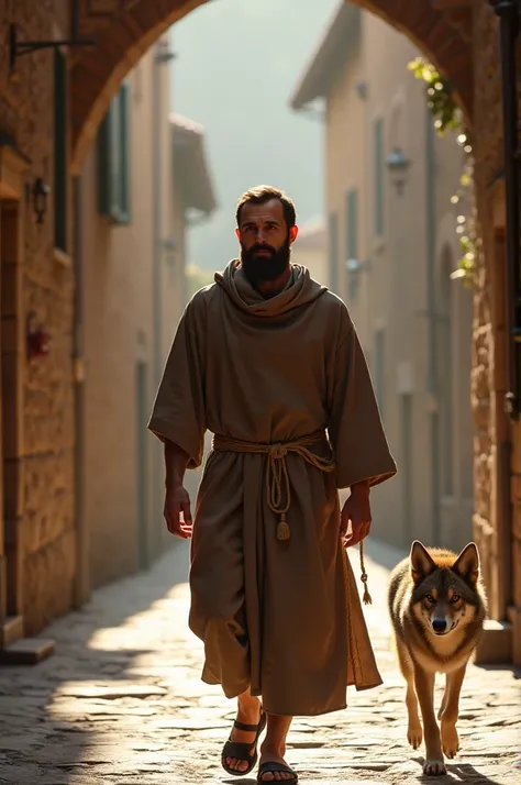 “Create an ultra-realistic, vertical image of Saint Francis of Assisi walking through the narrow, cobblestone streets of the old historic town of Assisi, Italy. He should be wearing a simple brown tunic with a rope belt, symbolizing his humble life as a mo...