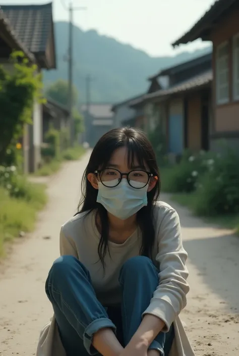 Creat a girl wearing black  glasses and face mask sitting in the road in village  show real 