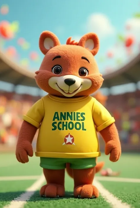   Doll for the Annies School Olympics in green, yellow and red of an animal and that says Annies School on its t-shirt