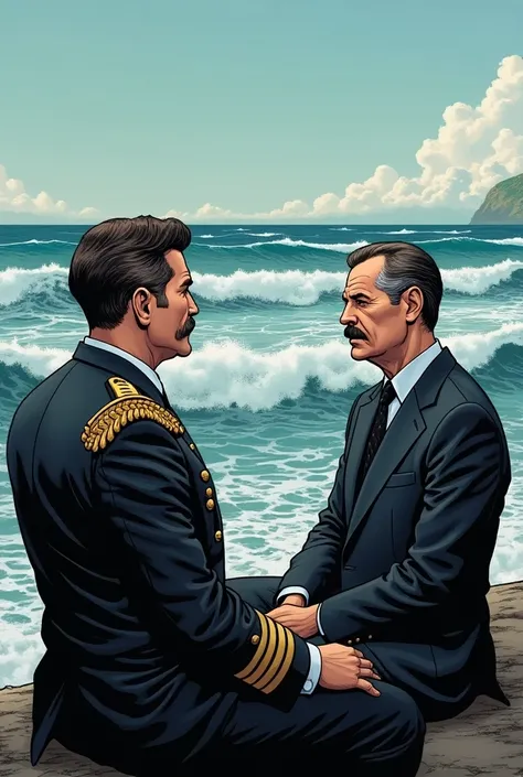 A man with a thin mustache and a military suit sits in the arena next to another man in a dark suit on the shores of the sea American comic