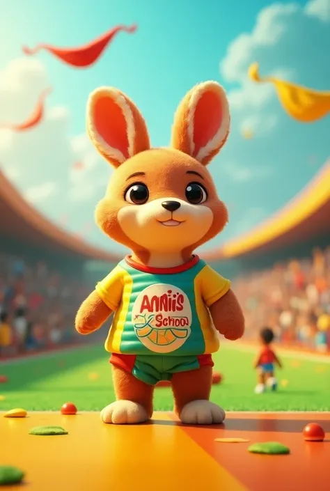   Doll for the Annies School Olympics in green, yellow and red of an animal and that says Annies School on its t-shirt