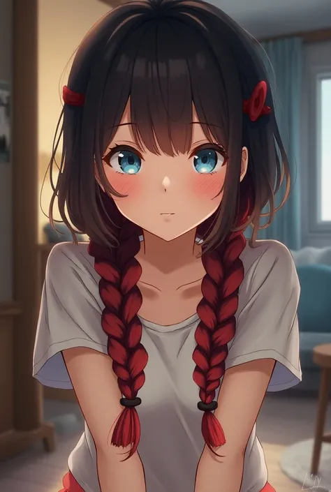 Anime girl with red and black braided hair and blue eyes wearing casual house clothes 
