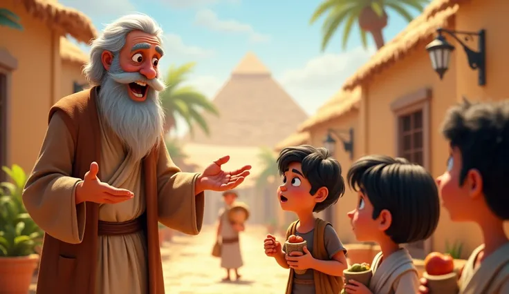 Jacob, an elderly man with a beard and gray hair, tells his 10 ren to go to Egypt to fetch groceries. ,Create in Disney style ,Pixar e cartoon