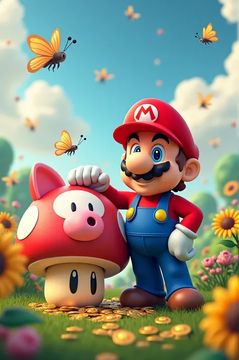  Instagram-sized image that all Marios mushroom is a piggy bank and he is achieving a goal that means saving what he has gold coins,  colorful flowers and a sunflower , butterflies and dragonflies  