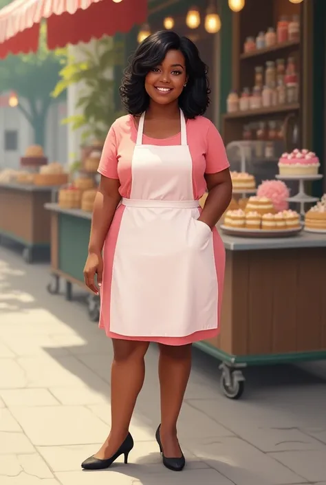  Create an image of a dark-skinned woman ,  black hair cut to the shoulders , weighs around 100Kg ,  dark brown eyes,  she is dressed in a pink dress and a white apron,  sidewalk with a black heel ,  above the image place the phrase : Carol Ribeiro Homemad...