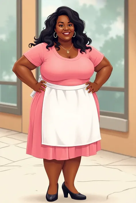 Create an image of a dark-skinned woman in a drawing,  black hair cut to the shoulders , weighs around 100Kg ,  dark brown eyes,  she is dressed in a pink dress and a white apron,  sidewalk with a black heel ,  above the image place the phrase : Carol Ribe...