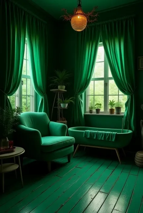 (photorealism:1.2), beautiful green emerald nursery, dark green aesthetic, green chairs, dark green lighting, a green wooden tiles,  a emerald green chair beside the cradle, a rocking chair, a crib, window with curtains green, realistic, intricate details