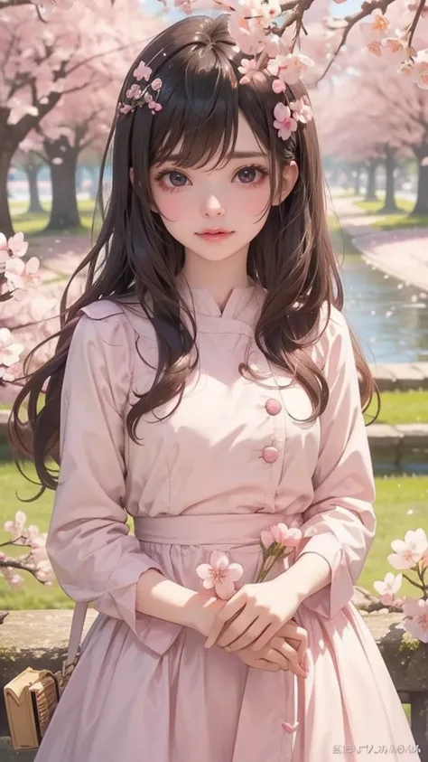 Detailed depiction of a beautiful anime girl with soft, 
Gentle appearance and warm, Cute expression. She should stand in a vibrant, Quiet spring day，A park with cherry blossoms. 
She is long, wavy dark black hair, Dotted with a few cherry blossom petals, ...