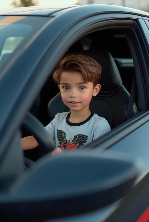 a brown haired boy,brown eyes and the mouth shirt in a tuned BMW M5 seen from outside the car