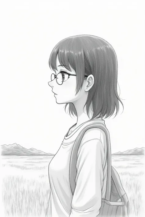 Brunette girl with glasses looking at the horizon pencil drawing 