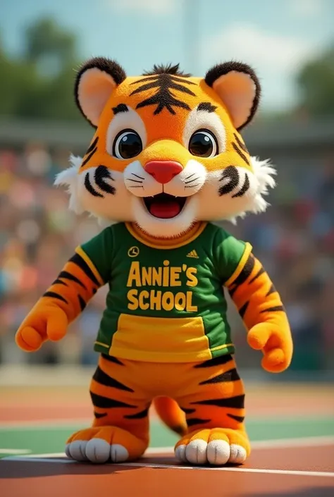   Doll for the Annies School Olympics in green, yellow and red of a tiger animal that says Annies School on its t-shirt