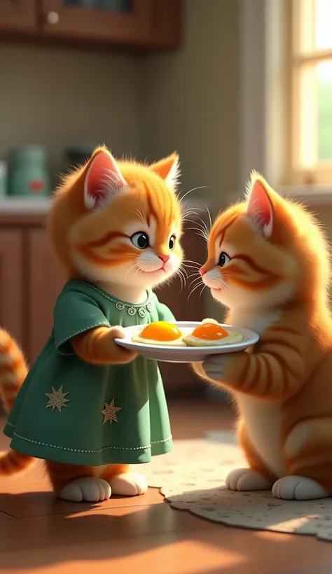 realistic photo, 8k, in the kitchen a fluffy brown kitten wearing a green house dress with a star pattern is holding a plate of fried eggs and bringing it to the brown fur cat mother also wearing a dress to eat.