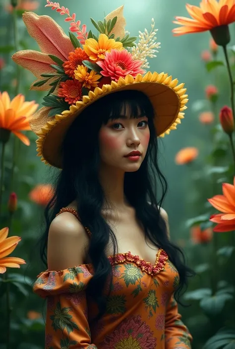 a beautiful woman with dark hair looking into the distance ,  with a very colorful hatter costume in a setting with lots of huge flowers