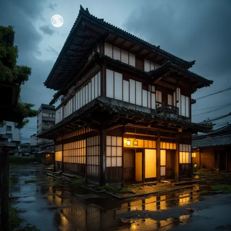 Derelict building , Abandoned 旅館 ,midnight,rain,masterpeace,high  quality,no human, run-down hotel, moonlight,darkness,no light,1hotel, Hotel on the mountain,The building is dark、unlit、Boro Ryokan
ruins、
 movie light effect that wont light up, in room