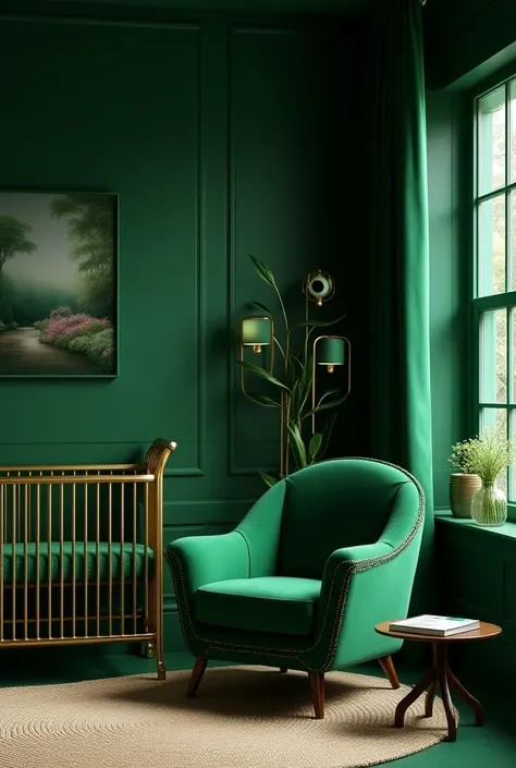 (photorealism:1.2), beautiful green emerald nursery, dark green aesthetic, green chairs, dark green lighting, a green tiles,  a emerald green chair beside the gold and emerald babies crib, a rocking chair,window with curtains green, realistic, intricate de...