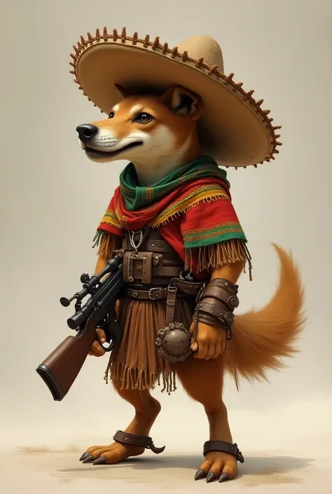 Petit Chien mexicain humanoïde debout comme un homme partant pour la guerre avec une des équipements mexicain avec une arme dans les pates réaliste détaillé 