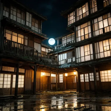 Derelict building , Abandoned 旅館 ,midnight,rain,masterpeace,high  quality,no human, run-down 旅館、moonlight,darkness,no light,1hotel, Hotel on the mountain,The building is dark、unlit、Boro Ryokan
ruins、廃旅館、1 ken、
 movie light effect that wont light up, in roo...