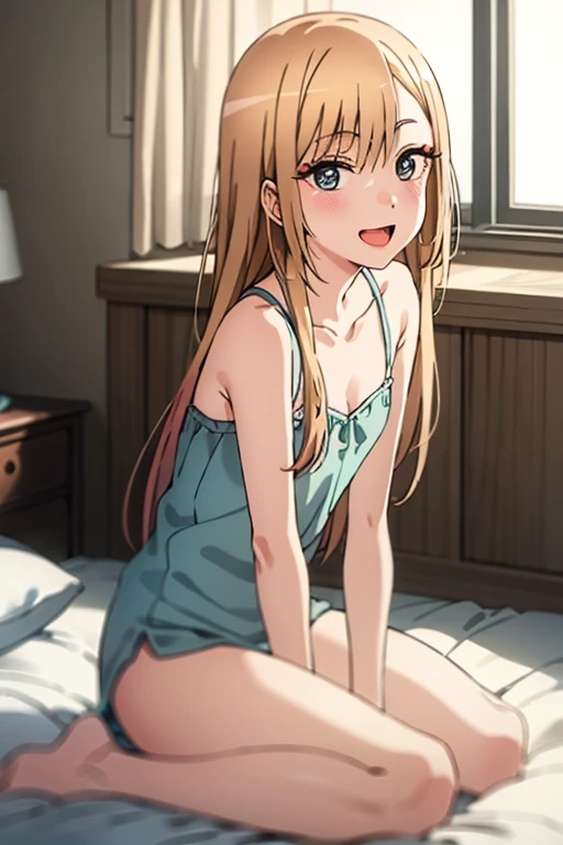 ((Best Quality)), ((masterpiece)), (be familiar with),  perfect face, indoor, bedroom,  viewers,
One woman, Kitagawa Marin,
Open Mouth, Ecstatic expression, blush, smile,
Small breasts,  flat chest, , , , Girl,
Long Hair, Long Hair,
Leg spread,