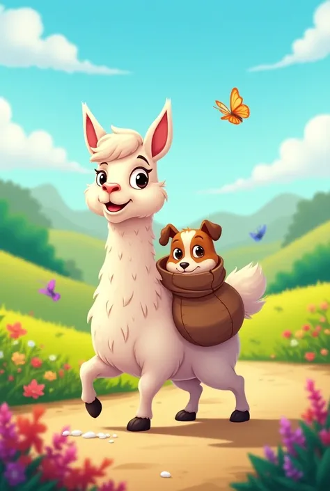 A llama carrying salt with her friend the dog, in cartoon