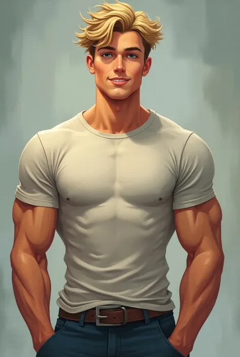 carlos is a tall young man with a strong build ,  with short, messy blond hair . her skin is fair, with a slightly tanned tone,  and his eyes are deep blue , , which gives him a warm and close appearance . despite his muscular physique , , his expression i