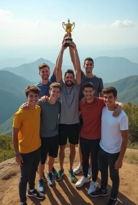 Our group name is vision to victory. I need a friend group picture with 6 boys standing on a top of hill picture and photo will be taken from little bit far and cheering victories holding a trophy, from a drone shot