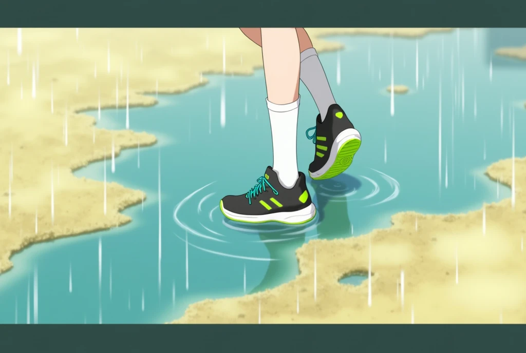 anime girl,  shoe focus,  drenched black sports shoes with neon green soles and turquoise laces, long white socks, Wade through puddle 