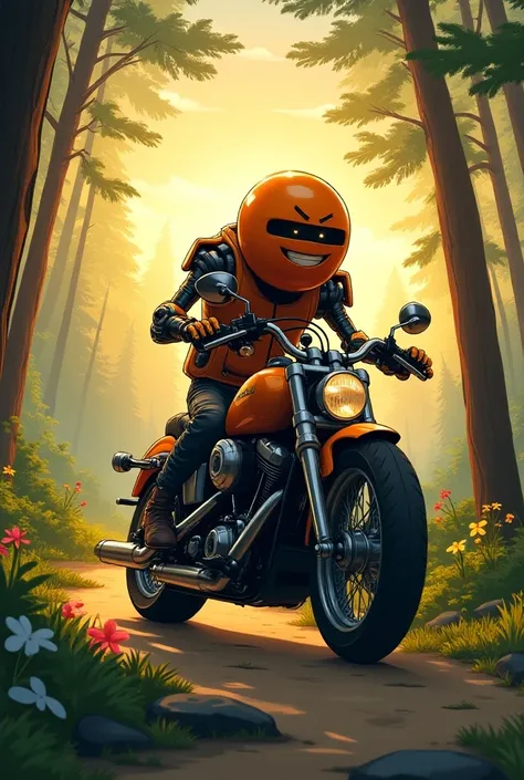  A yellow propane gas cylinder driving a Harley Davidson motorcycle, at a beautiful sunrise in the woods  (anime style)