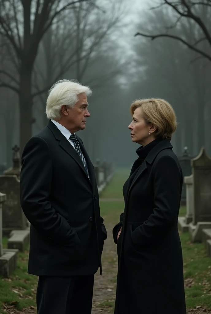 Martin Short dressed in a black suit and with white hair standing in front of Maryl Streep talking in a cemetery