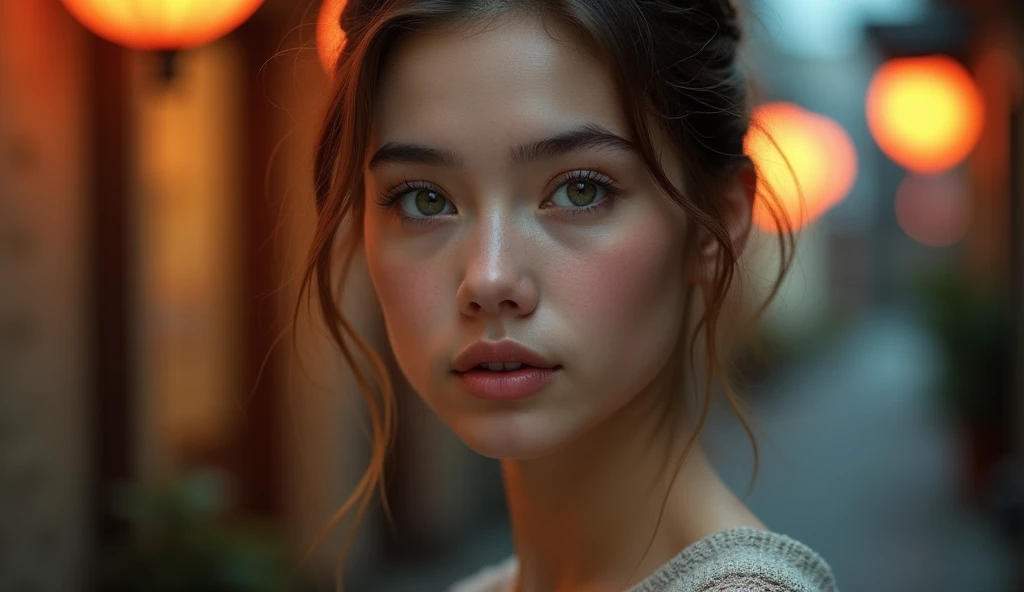 A close-up of a young woman, around 25 years old, with light brown hair tied back loosely and wide green eyes, gazing forward with a soft, calm expression. Her skin is fair, and her face shows a quiet, gentle strength. She stands in a dimly lit street, wit...