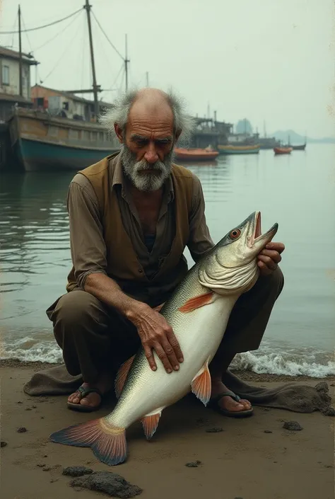 Extremely thin fisherman with a big fish on his lap