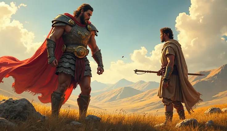 The biblical giant Goliath with a small stone embedded in his forehead and falling backwards. He is dressed as a warrior with a red cape. In the background, David, the biblical hero, dressed as a shepherd, watches the scene.