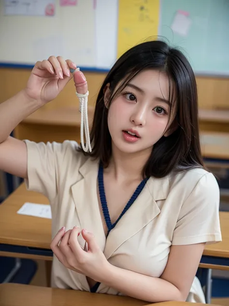 (( best quality)), ((masterpiece)), (Familiar),  perfect face,Japanese,,girl,cute, elementary school students,Private elementary school,In the classroom,(世界で一番cutegirl:1.2), beautiful very young woman , A close-up of her face,  lick the side of a dirty tin...