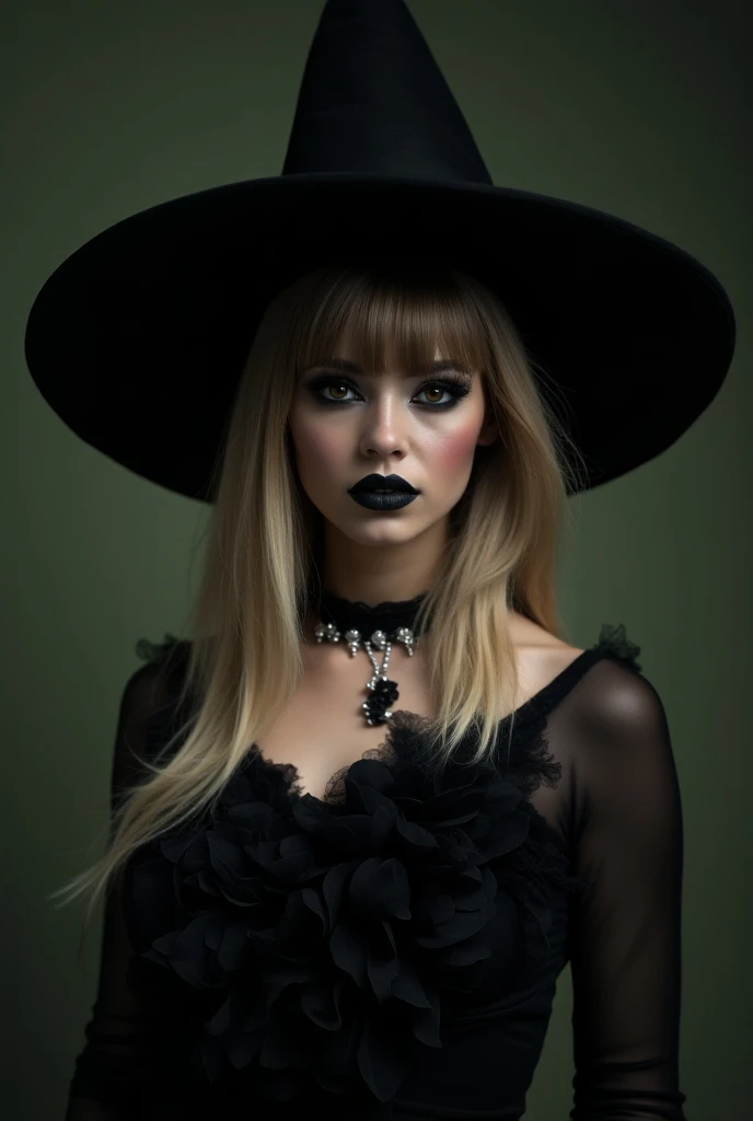 Create a character with black fringe and blonde locks with a black witchs hat and dress I hope it fits black with a black corsage black makeup and black lipstick and brown eyes and a white lace necklace 