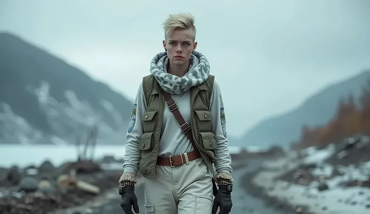 Masterpiece, full body shot of a beautiful Norwegian teenage girl walking in a post-apocalyptic frozen wilderness, blonde short hi-top hair shaved on sides, blue-grey eyes, very pale skin, high detailed skin, runners slim body, tense face, dramatic face, t...