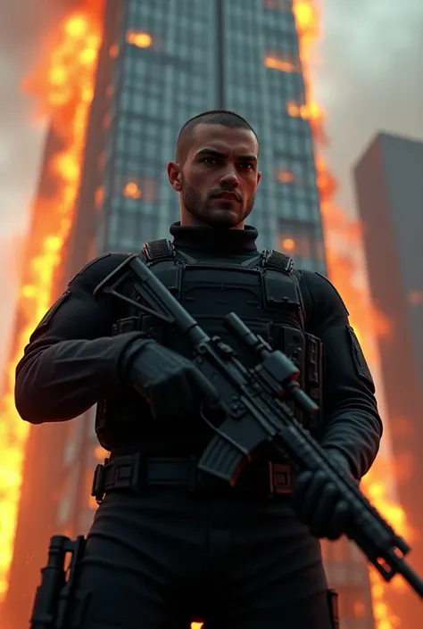 Close-up of the best masterpiece:0.5,  a modern soldier in black combat uniform, with a gun in hand ,  behind a burning glass building 