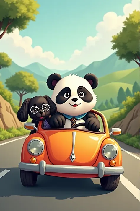 A little panda in her car driving and on the side a black Xhitzu dog with a tie and glasses