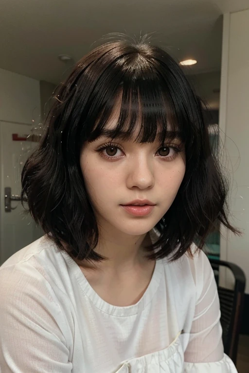  close-up of a man wearing a white shirt , Sitting down , Short hair, White Hime cut hairstyle, Short hair Have bangs, 🤤 Image of a young woman,  Southeast Asia with a round face, she has black hair Have bangs,  real life anime girl , neat hair Have bangs,...