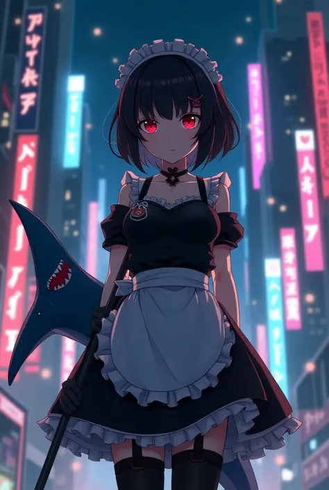 Black Hair, short hair, hair tips are red ,Maid uniform,Apathy,Unmotivated face,Red eyes,Black tights,Big shark tail , something like a sticker is attached to the tail,Beauty, maid headband ,Big Breasts,Ear piercing,Anime Style,Neon city at night, holding ...