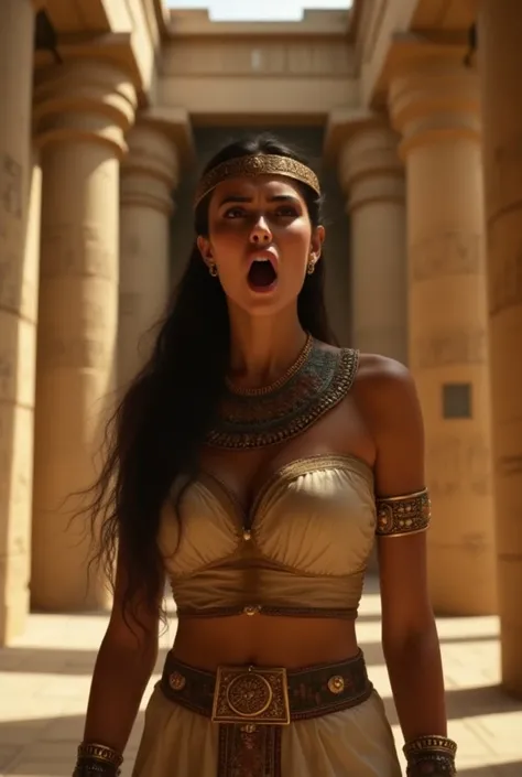 Beautiful Egyptian princess, 20 years old, ancient Egyptian clothes, her face has a surprised and angry expression, she is screaming, the background is an Egyptian temple, high detail face, film style, hd quality